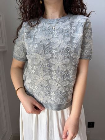 Gri Tül Detaylı Çiçek İşlemeli Triko Bluz