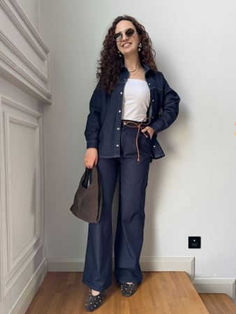 Lacivert Kendinden Kemerli Denim Pantolon