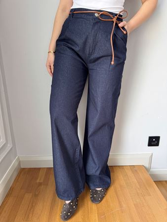Lacivert Kendinden Kemerli Denim Pantolon