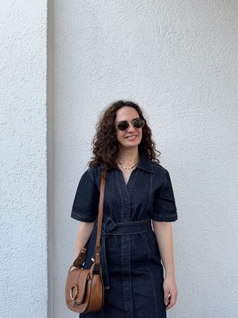 Lacivert Kuşaklı Çıtçıt Düğmeli Denim Elbise