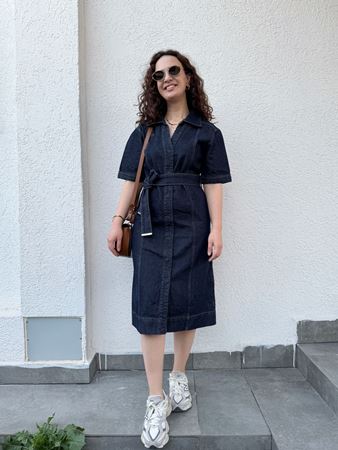 Lacivert Kuşaklı Çıtçıt Düğmeli Denim Elbise