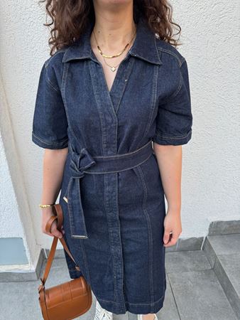 Lacivert Kuşaklı Çıtçıt Düğmeli Denim Elbise