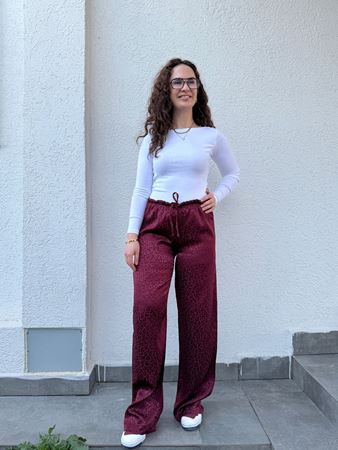 Bordo Desenli Bel Bağlamalı Saten Pantolon