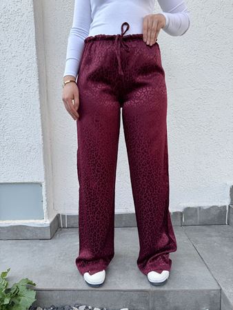Bordo Desenli Bel Bağlamalı Saten Pantolon