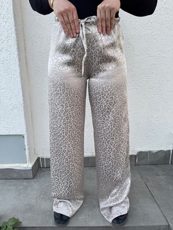 Bej Desenli Bel Bağlamalı Saten Pantolon