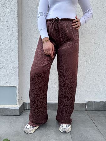 Kahverengi Desenli Bel Bağlamalı Saten Pantolon