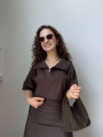 Kahverengi Yakası Fermuarlı Crop Gömlek