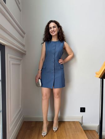 Mavi Sıfır Kollu Gömlek Elbise