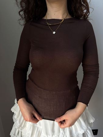 Kahverengi Kayık Yaka Transparan Bluz