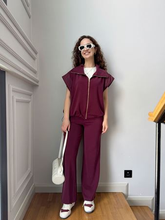 Bordo Paraşüt Detay Yelek Pantolon Modal Takım