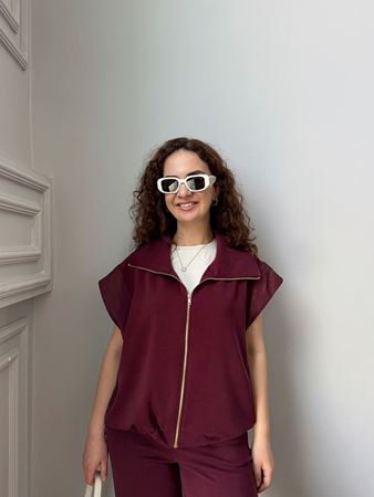 Bordo Paraşüt Detay Yelek Pantolon Modal Takım