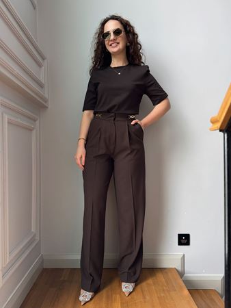 Kahverengi Aksesuar Detaylı Palazzo Pantolon