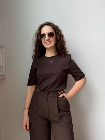 Kahverengi Bisiklet Yaka Vatkalı Premium Basic T-Shirt