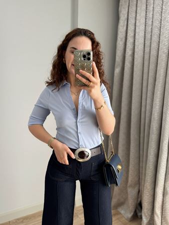 Mavi Yarım Kol Slimfit Gömlek