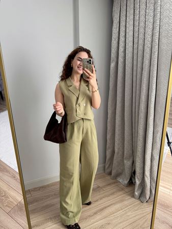 Yeşil Pantolon Yelek Keten Takım