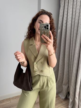 Yeşil Pantolon Yelek Keten Takım