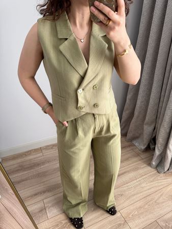 Yeşil Pantolon Yelek Keten Takım