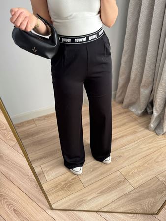 Siyah Beli Yazı Detay Saten Pantolon