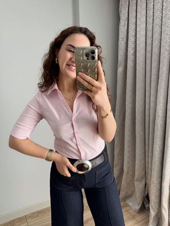 Pembe Yarım Kol Slimfit Gömlek