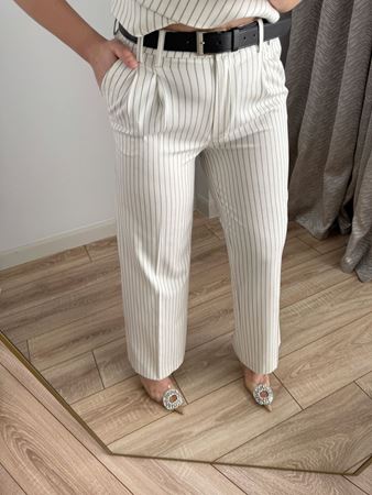 Ekru Antrasit Çizgili Pantolonu Kemerli Asimetrik Yelek Takım