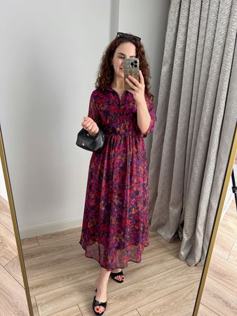 Renkli Çiçek Desenli Truvakar Kol Şifon Elbise