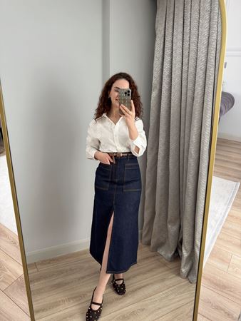 Lacivert Önden Torba Cepli Midi Denim Etek