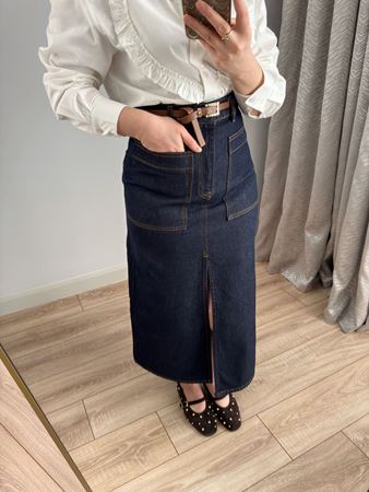 Lacivert Önden Torba Cepli Midi Denim Etek