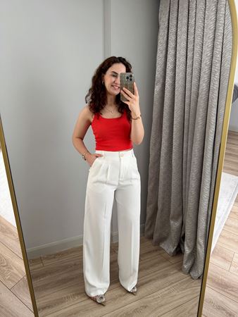 Beyaz Beli Lastikli Ultra Yüksek Bel Palazzo Pantolon