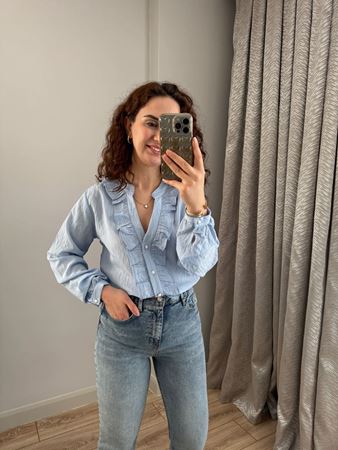 Mavi Fırfırlı Kendinden Dokulu Gömlek