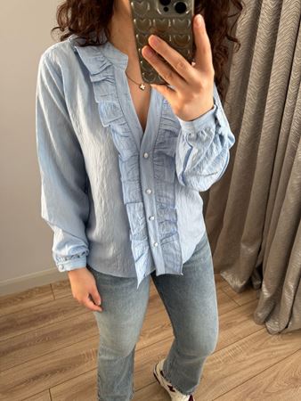 Mavi Fırfırlı Kendinden Dokulu Gömlek