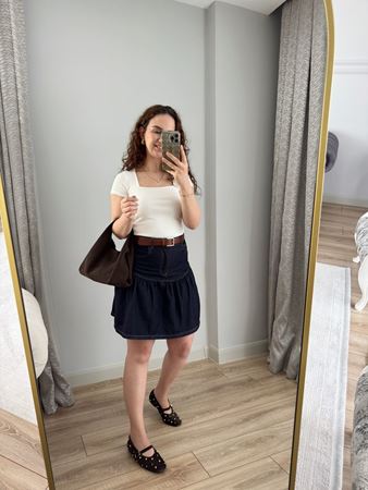 Lacivert Eteği Volanlı Mini Etek