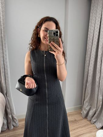 Antrasit Fermuarlı Çizgili Elbise