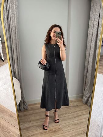 Antrasit Fermuarlı Çizgili Elbise