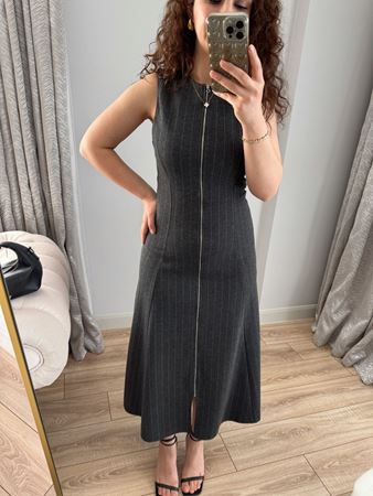 Antrasit Fermuarlı Çizgili Elbise