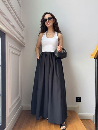 Beyaz Halter Yaka Eteği Poplin Çift Renk Elbise