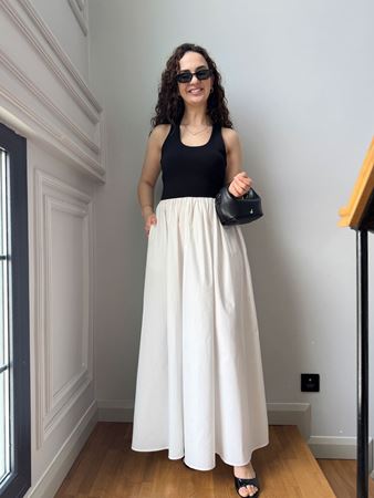 Siyah Halter Yaka Eteği Poplin Çift Renk Elbise