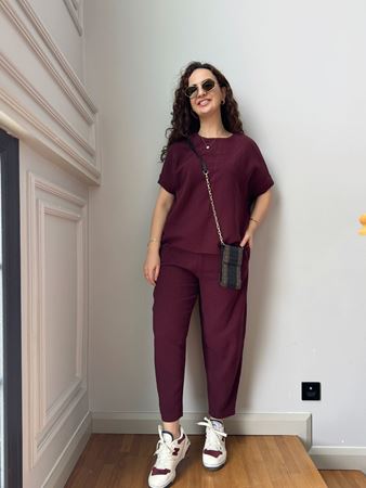 Bordo Petekli Kumaş Pantolon Bluz Takım