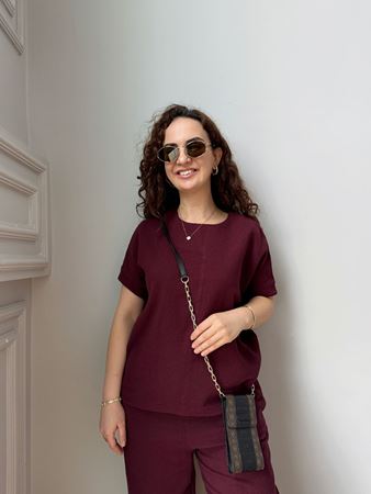 Bordo Petekli Kumaş Pantolon Bluz Takım