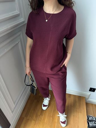 Bordo Petekli Kumaş Pantolon Bluz Takım