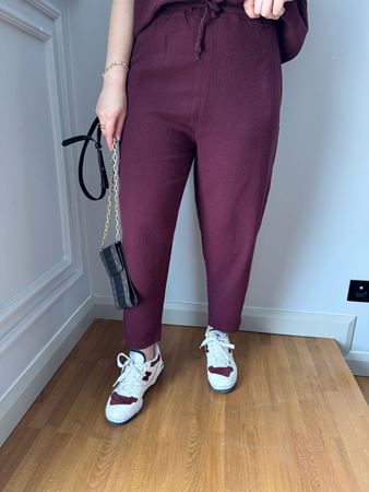 Bordo Petekli Kumaş Pantolon Bluz Takım