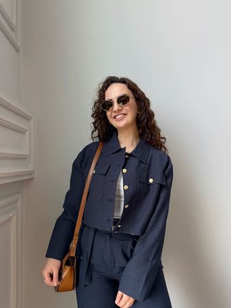 Lacivert Gold Düğmeli Keten Ceket