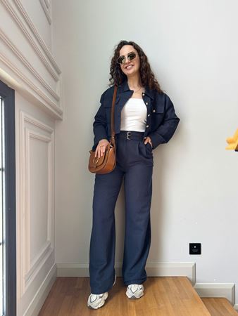 Lacivert Çift Kemer Detaylı Keten PaLazzo Pantolon