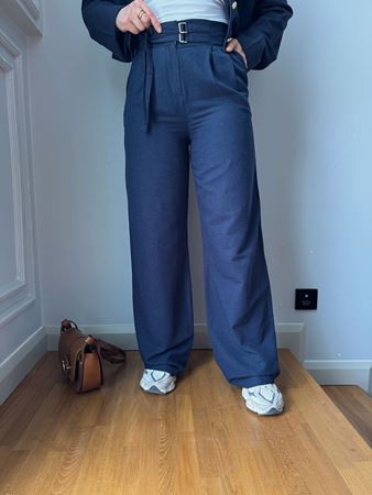 Lacivert Çift Kemer Detaylı Keten PaLazzo Pantolon