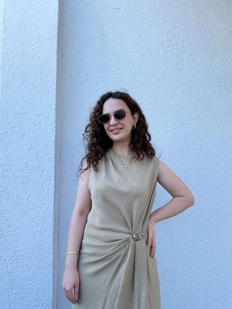 Camel Gold Detay Drapeli Yırtmaçlı Elbise