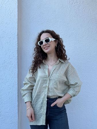 Yeşil Çizgi Dokulu Oversize Gömlek