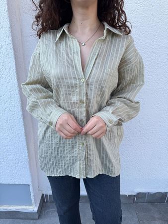 Yeşil Çizgi Dokulu Oversize Gömlek