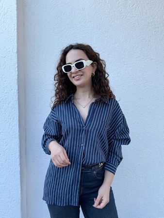 Lacivert Çizgi Dokulu Oversize Gömlek