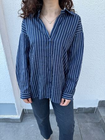 Lacivert Çizgi Dokulu Oversize Gömlek