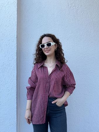 Bordo Çizgi Dokulu Oversize Gömlek