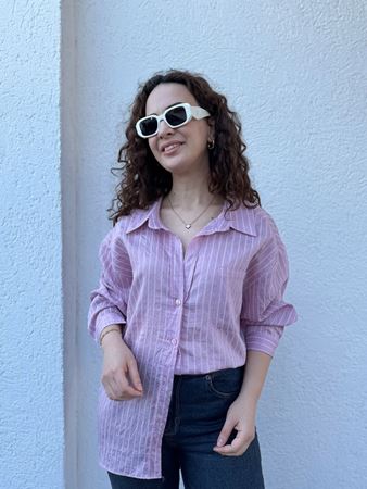 Pembe Çizgi Dokulu Oversize Gömlek